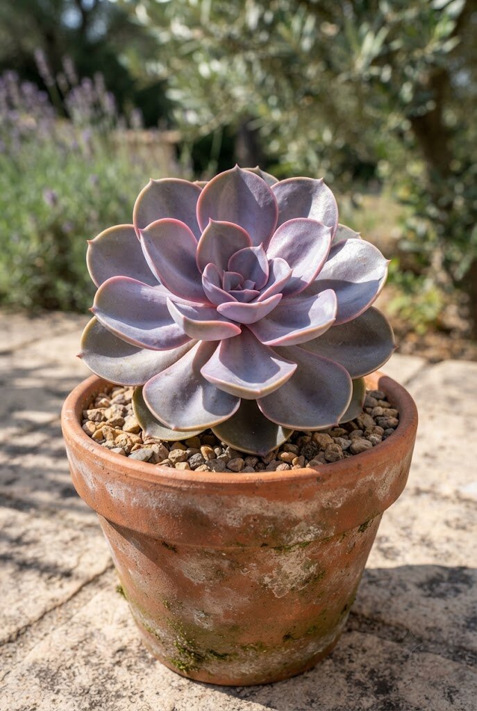 Echeveria Perle Von Nurnberg lavender-purple metallic rosette succulent in a terracotta pot in bright natural light