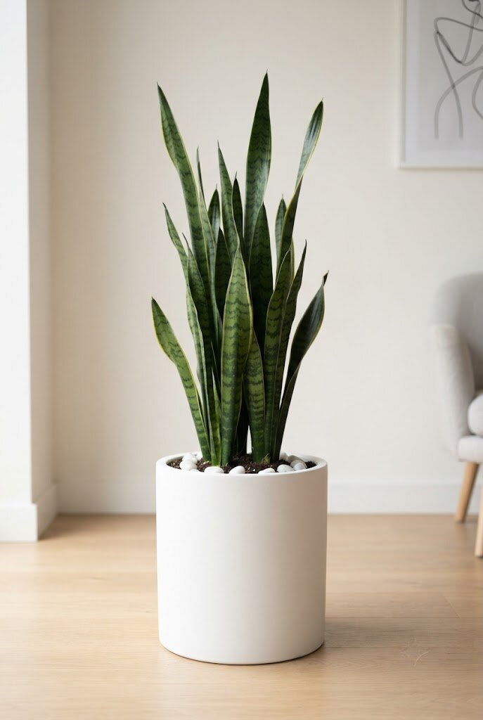 Sansevieria snake plant with upright dark green banded sword leaves in a modern white ceramic indoor pot