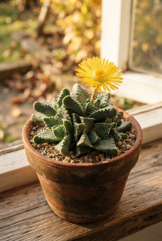 Faucaria Tiger Jaws succulent with toothed leaf pairs in a small terracotta pot with a yellow autumn flower bloom