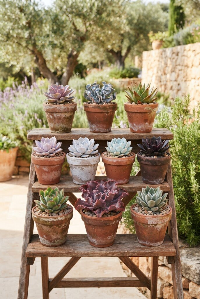 curated collection of 10 different Echeveria varieties in individual terracotta pots displayed on a wooden tiered plant stand in bright outdoor light